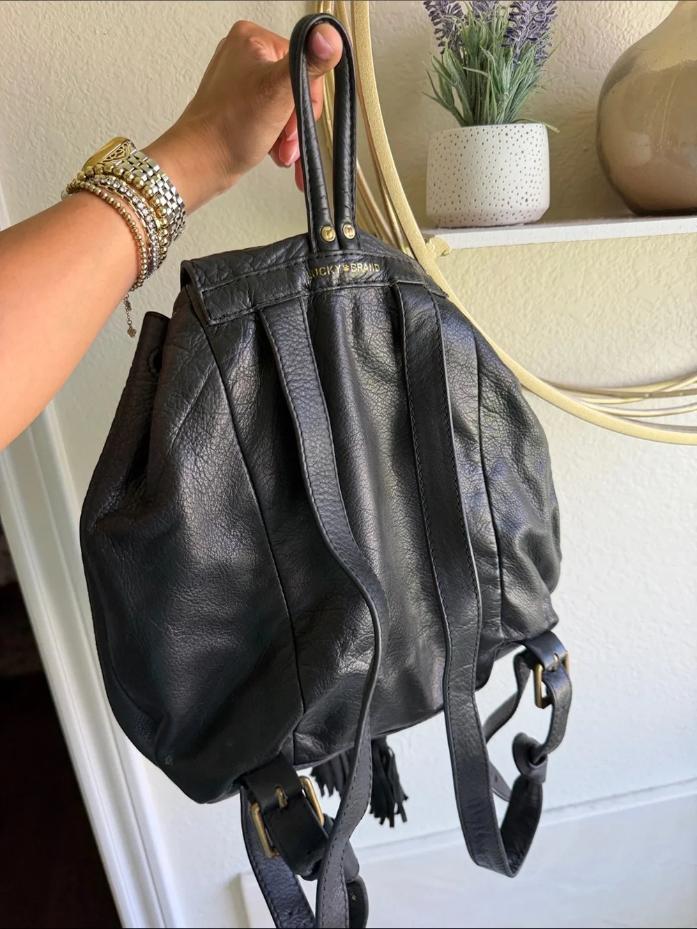 Lucky Brand Black Leather Drawstring Backpack with Tassels